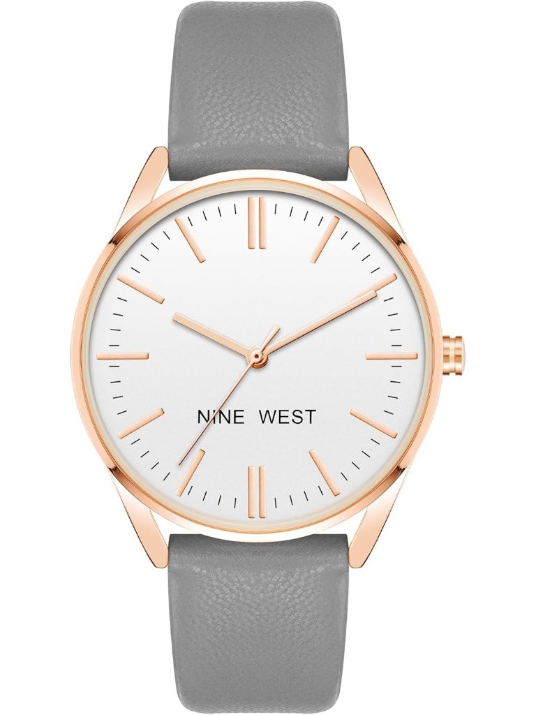 Nine West Womens Grey Rose Gold Analog Japanese Quartz Solid Strap Classic Watch